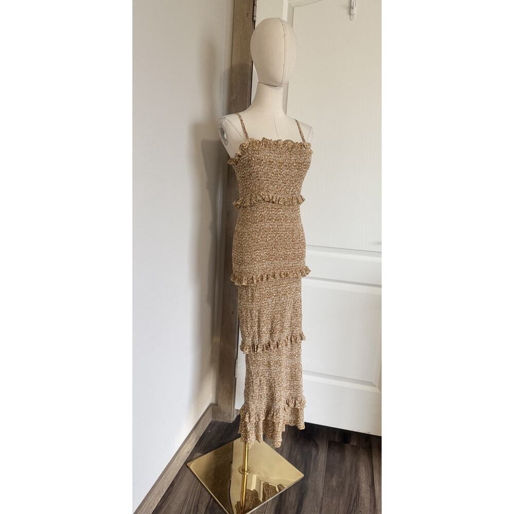 Mable Size Small Mustard Leaf Print Ruffle Tiered Smocked Fitted Midi Dress - Picture 6 of 16